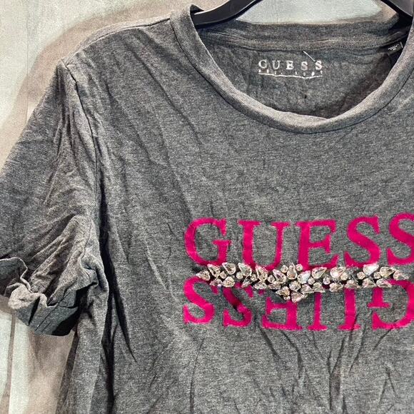 GUESS Women's Charcoal Rhinestone Embellished Crewneck Short Sleeve Tee SZ M - Picture 3 of 11